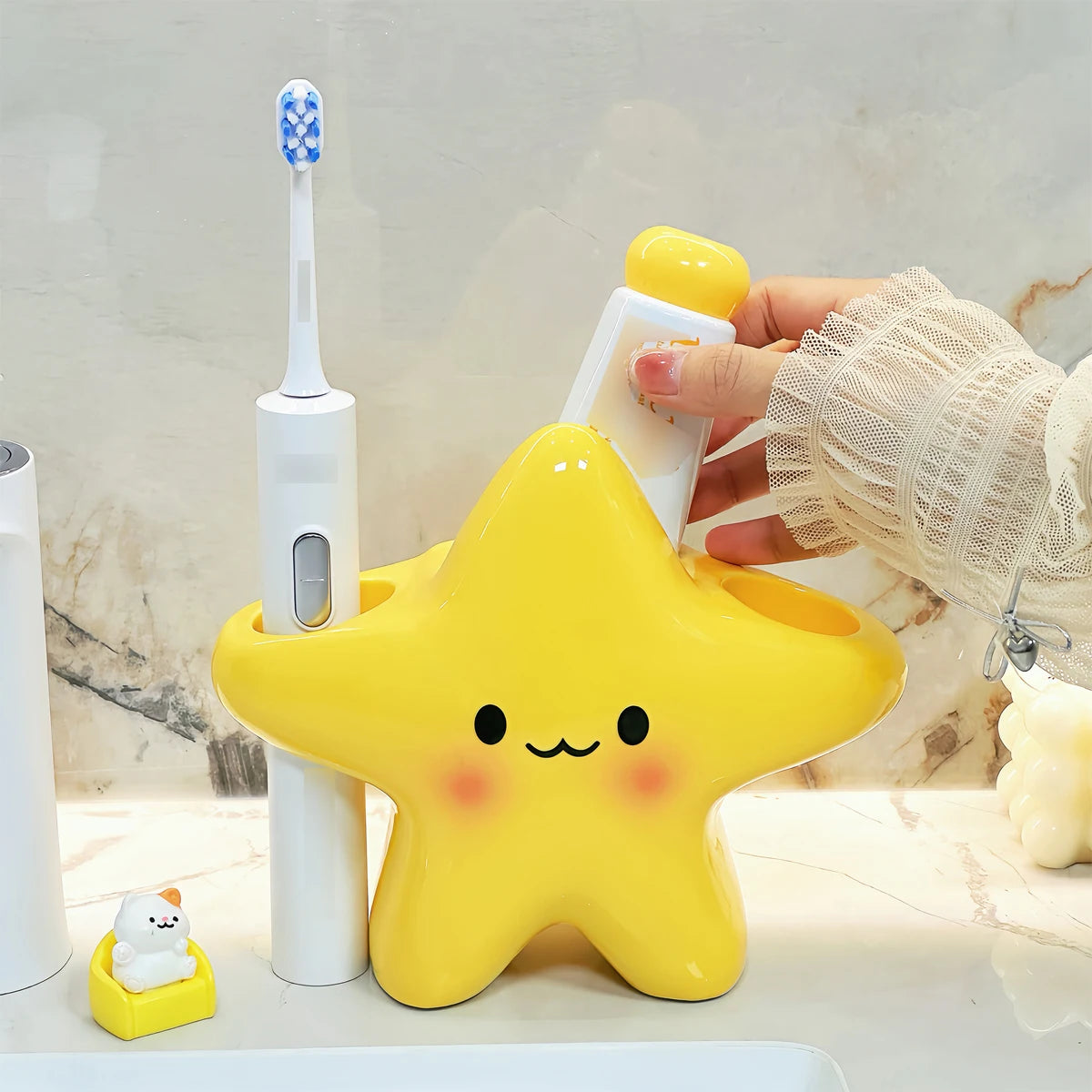 Porta-Escovas de Dentes Fofo em Formato de Estrela – Organizador de Banheiro de Bancada com Carinha Fofa, Economia de Espaço para Escovas e Pasta
