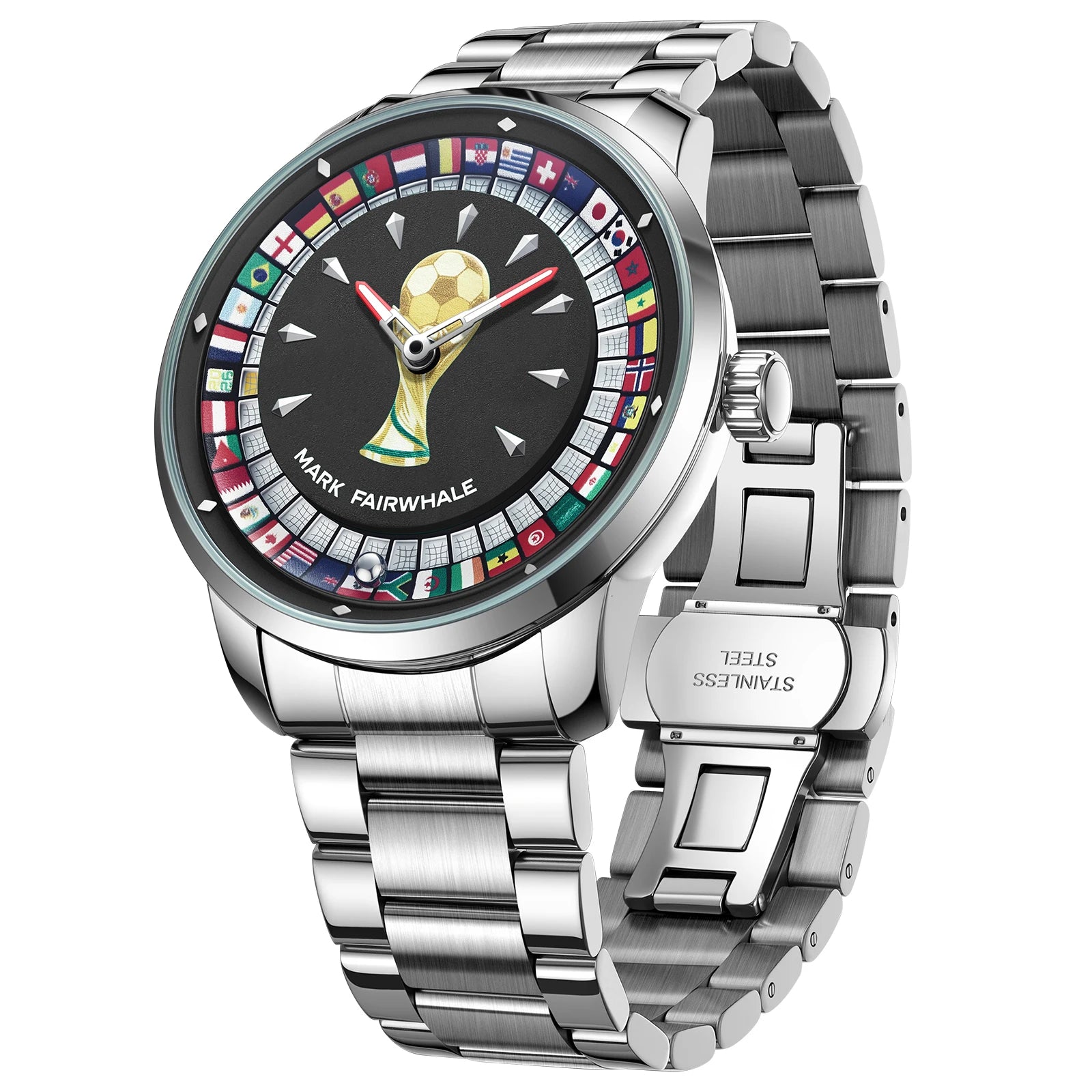 Relógio MARK FAIRWHALE Desportivo Masculino. Design exclusivo de futebol com mostrador rotativo 360°, bracelete em aço inoxidável e resistente à água.
