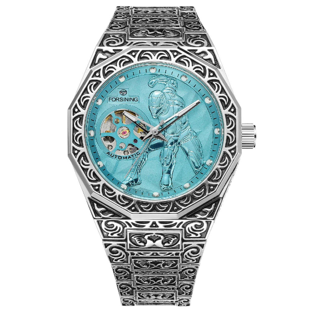 Relógio Automático Masculino FORSINING, Mecânico Esqueleto Retrô Vintage com Pulseira de Aço Gravada, Mostrador Luminoso e Fecho Deployant