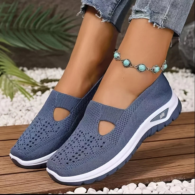 Tênis casuais femininos, tênis esportivos respiráveis de cor sólida com sola macia e leve para caminhada, tênis casuais de cano baixo em tecido.