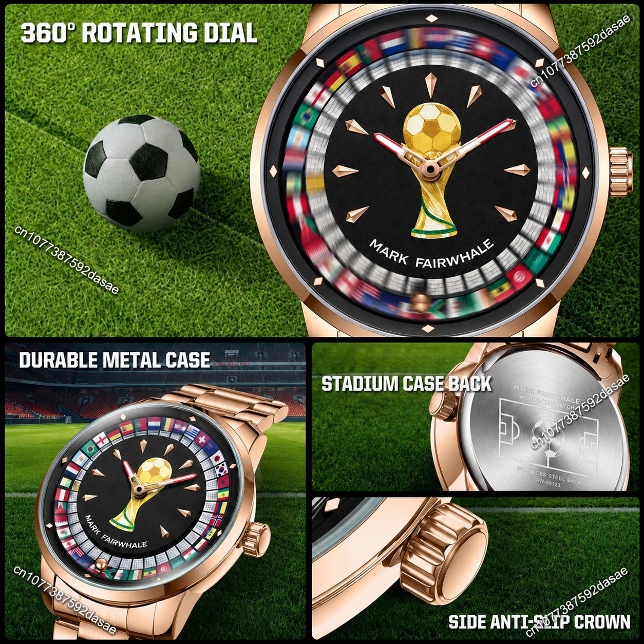 Relógio MARK FAIRWHALE Desportivo Masculino. Design exclusivo de futebol com mostrador rotativo 360°, bracelete em aço inoxidável e resistente à água.