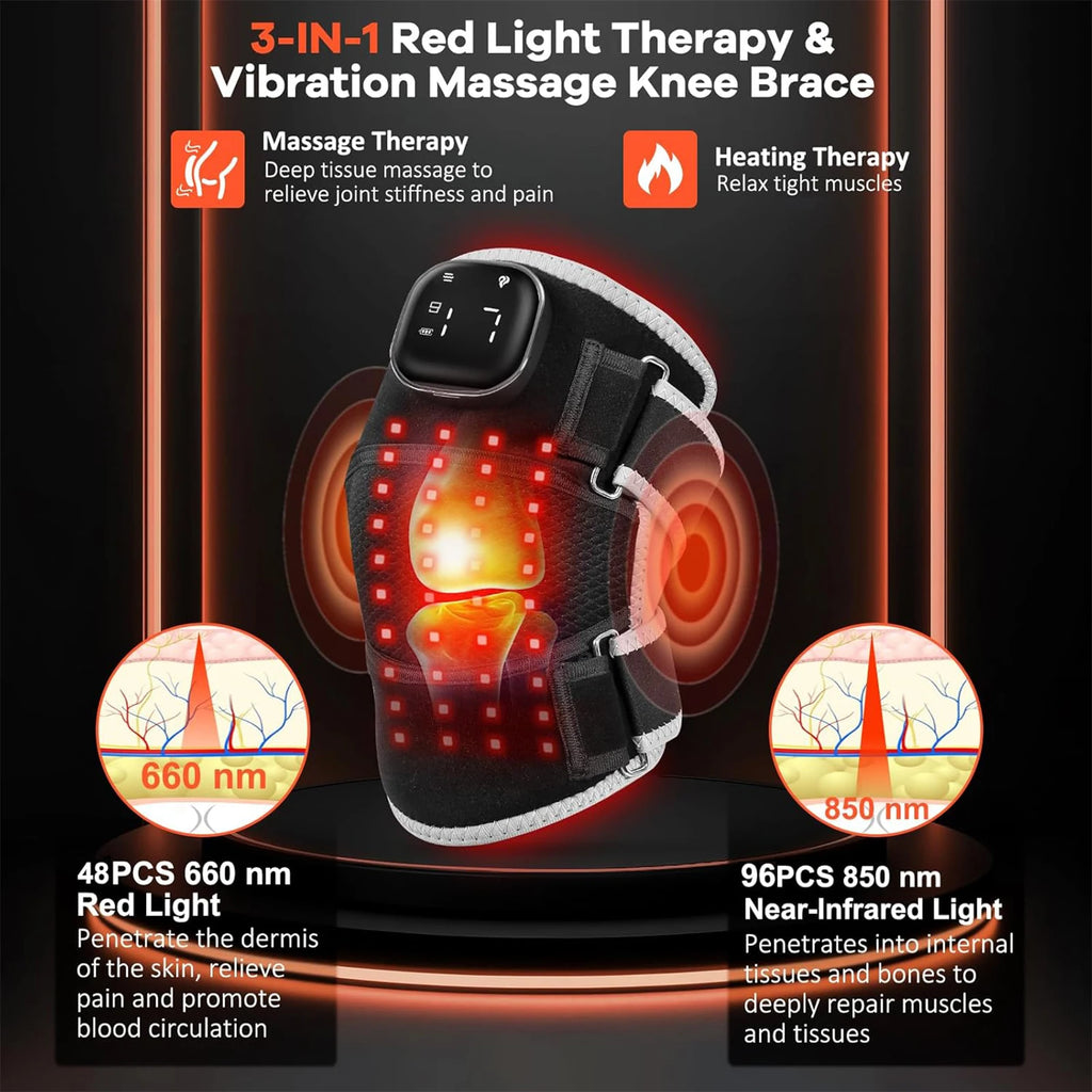 Almofada de Massagem Vibratória com Terapia de Luz Vermelha USB 3-EM-1 660nm 850nm e Aquecimento Infravermelho para Alívio da Dor nas Articulações do Joelho, Ombro e Cotovelo