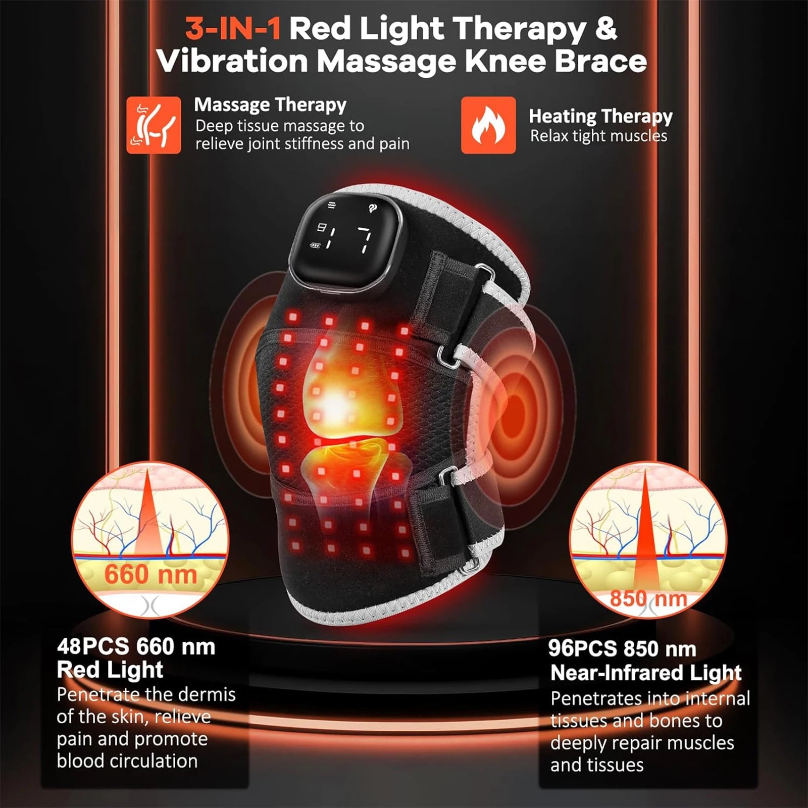 Almofada de Massagem Vibratória com Terapia de Luz Vermelha USB 3-EM-1 660nm 850nm e Aquecimento Infravermelho para Alívio da Dor nas Articulações do Joelho, Ombro e Cotovelo