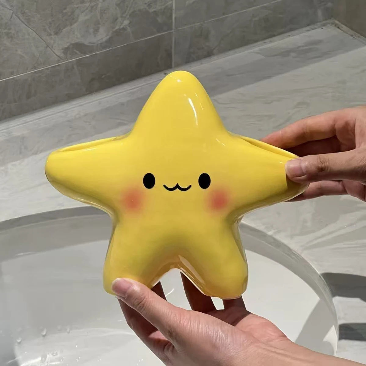 Porta-Escovas de Dentes Fofo em Formato de Estrela – Organizador de Banheiro de Bancada com Carinha Fofa, Economia de Espaço para Escovas e Pasta
