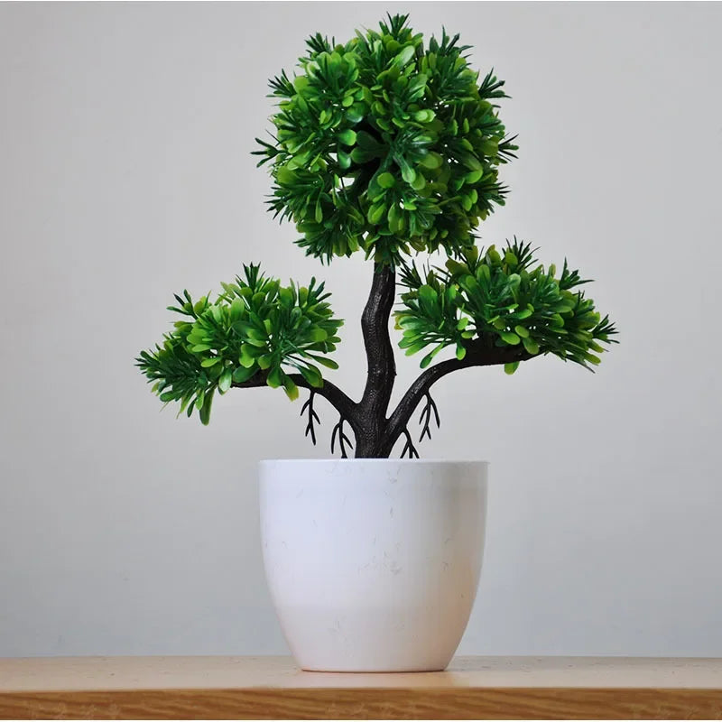 Bonsai de Planta Artificial em Vaso – Mini Árvore Verde e Flores Falsas, Enfeite Decorativo para Casa, Jardim, Festas e Decoração de Hotel