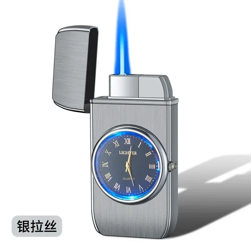 Novo relógio de quartzo à prova de vento mais leve metal luz azul balancim butano jet chama tocha mais leve fumar presente dos homens ferramentas ignição