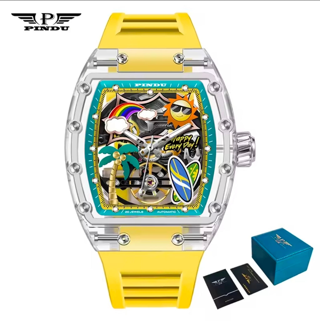 Novo Relógio PINDU com Design de Mostrador Único, Relógio Mecânico Masculino, Relógio de Moda para Praia de Verão, Brilhante, à Prova d'Água, com Pulseira de Resina e Silicone