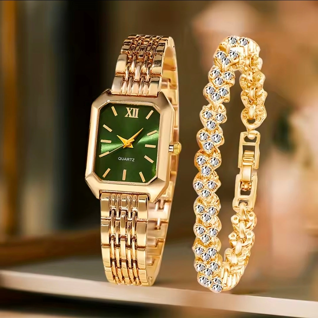 Conjunto de 2 Peças: Relógio Feminino Retangular de Quartzo com Mostrador Roma e Pulseira de Strass – Presente para Mulheres e Meninas