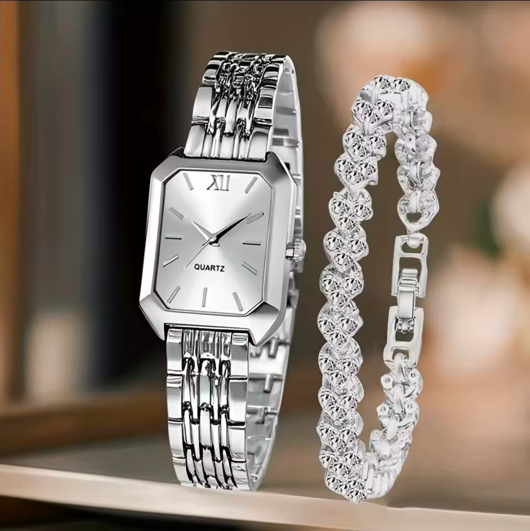 Conjunto de 2 Peças: Relógio Feminino Retangular de Quartzo com Mostrador Roma e Pulseira de Strass – Presente para Mulheres e Meninas