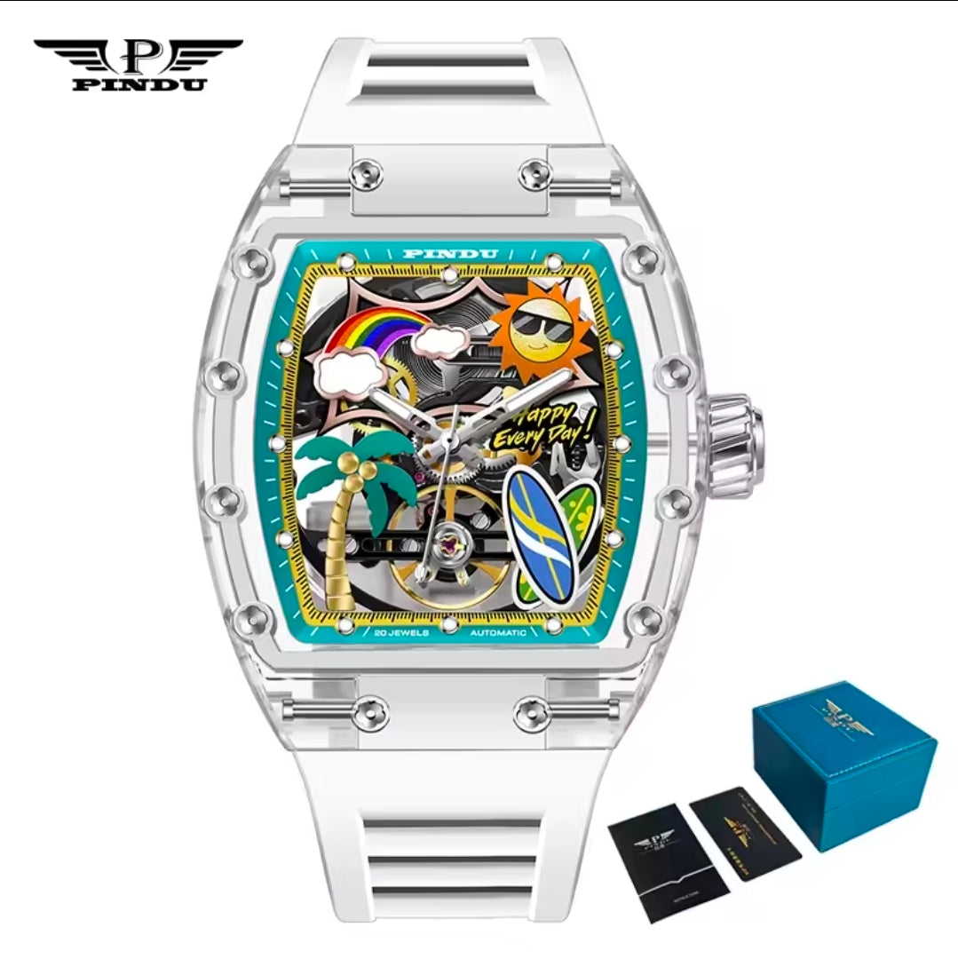 Novo Relógio PINDU com Design de Mostrador Único, Relógio Mecânico Masculino, Relógio de Moda para Praia de Verão, Brilhante, à Prova d'Água, com Pulseira de Resina e Silicone