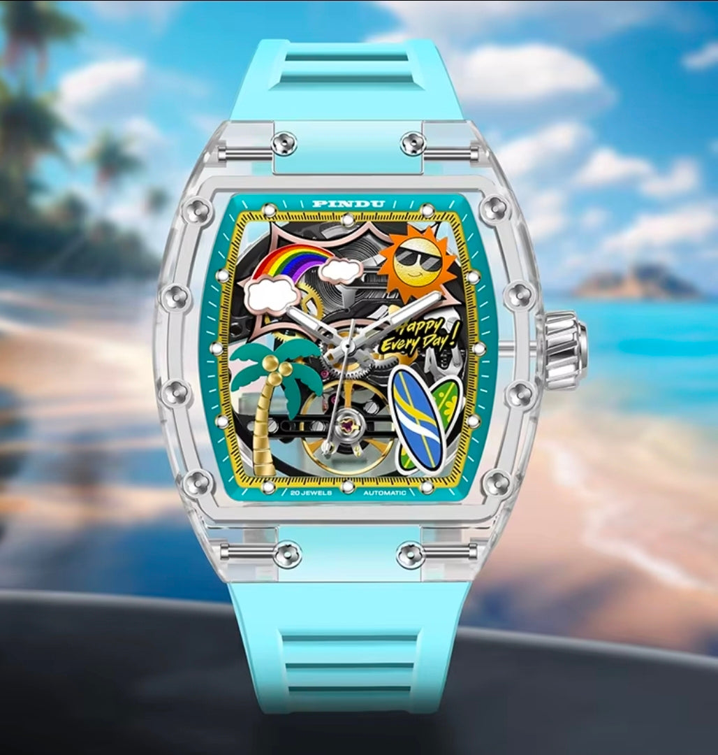 Novo Relógio PINDU com Design de Mostrador Único, Relógio Mecânico Masculino, Relógio de Moda para Praia de Verão, Brilhante, à Prova d'Água, com Pulseira de Resina e Silicone