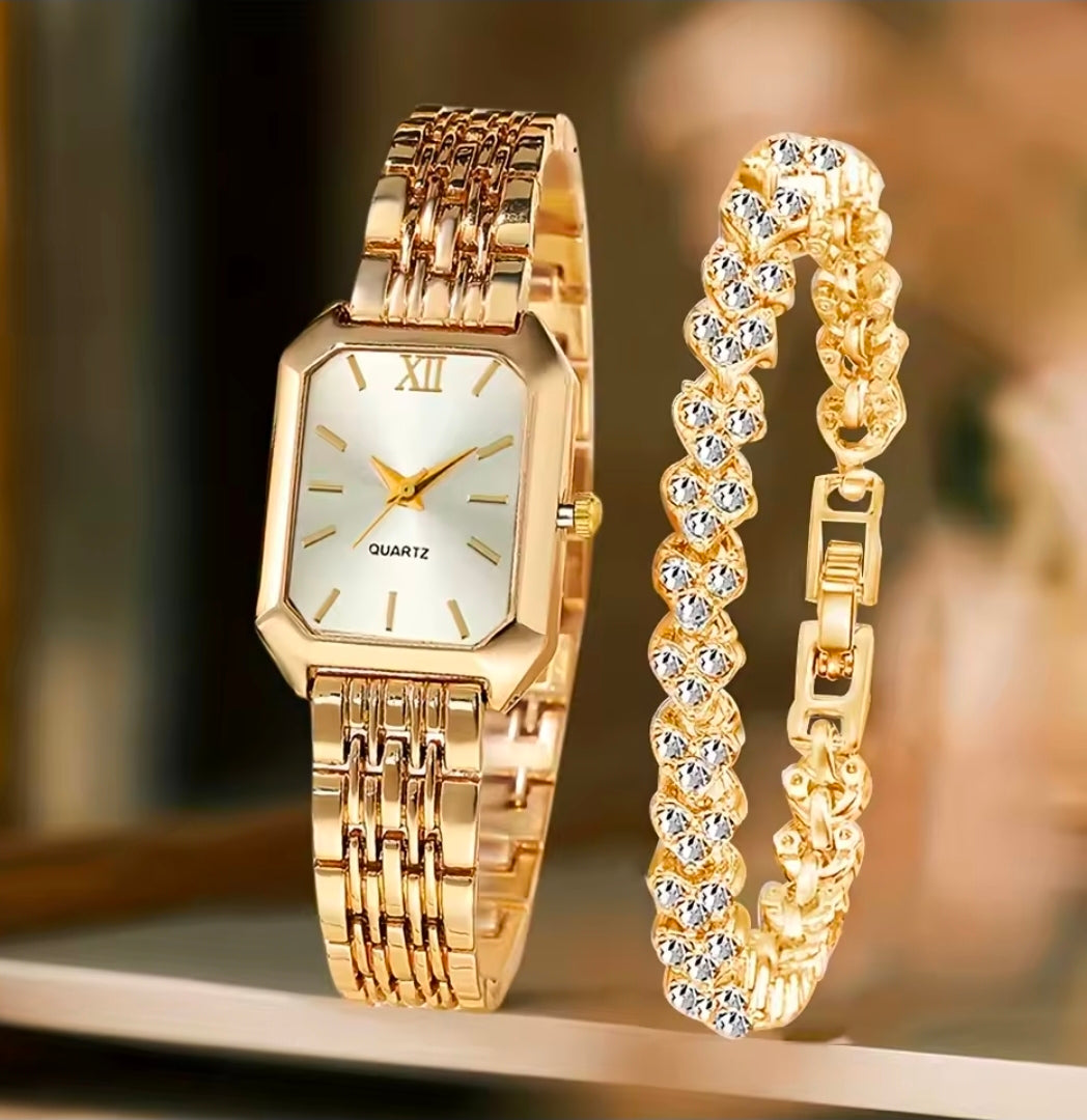 Conjunto de 2 Peças: Relógio Feminino Retangular de Quartzo com Mostrador Roma e Pulseira de Strass – Presente para Mulheres e Meninas