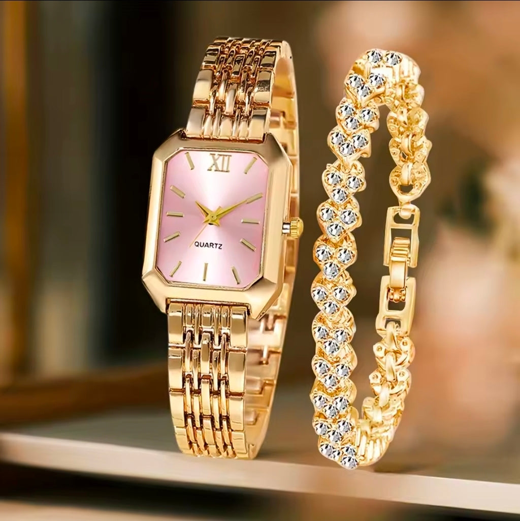 Conjunto de 2 Peças: Relógio Feminino Retangular de Quartzo com Mostrador Roma e Pulseira de Strass – Presente para Mulheres e Meninas
