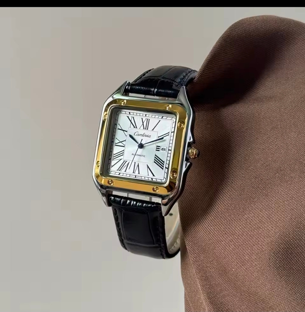 Relógio de Quartzo Masculino com Números Romanos, Caixa de Aço Inoxidável Luxuosa, Pulseira de Couro Preta, Estilo Automático, Relógio de Pulso à Prova d'Água, Relógio de Negócios, Exibição de Data, Relógio Elegante, Adequado para Uso Casual e Formal Diár
