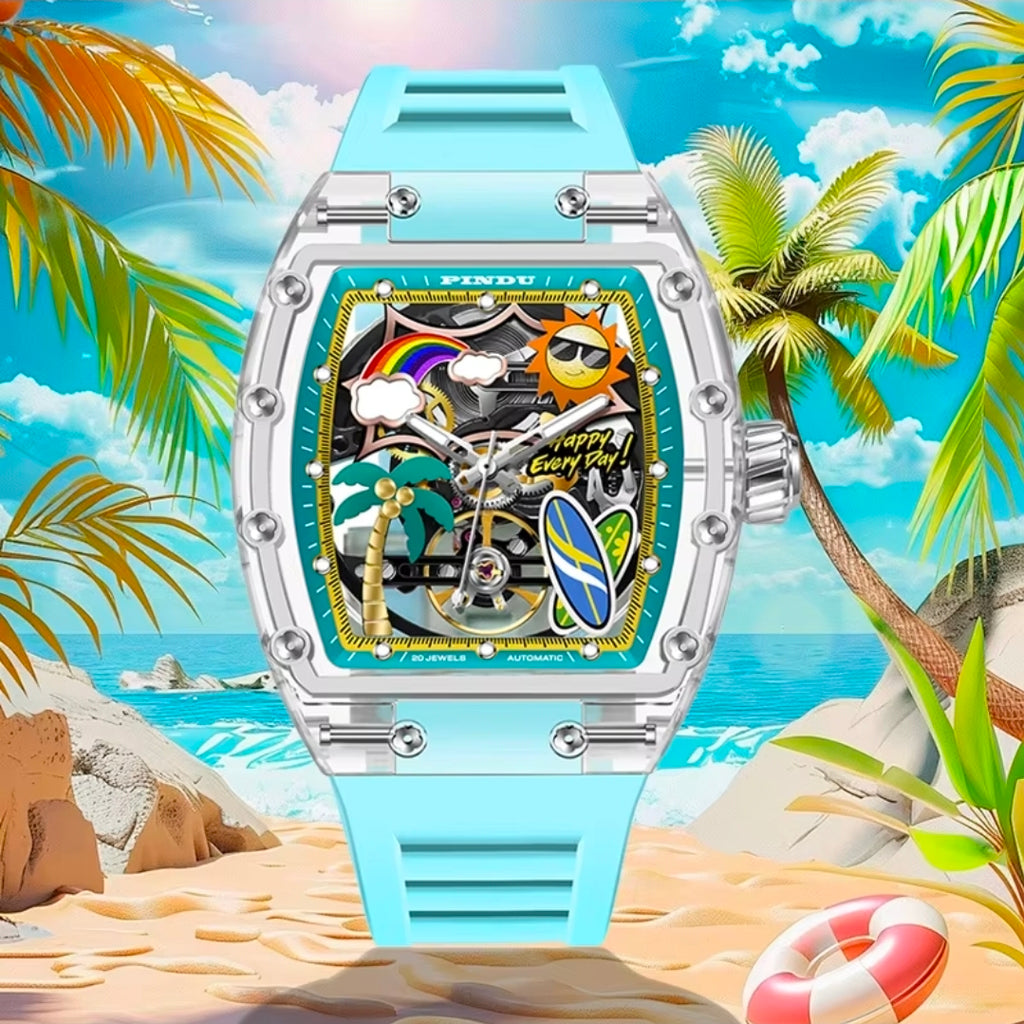 Novo Relógio PINDU com Design de Mostrador Único, Relógio Mecânico Masculino, Relógio de Moda para Praia de Verão, Brilhante, à Prova d'Água, com Pulseira de Resina e Silicone