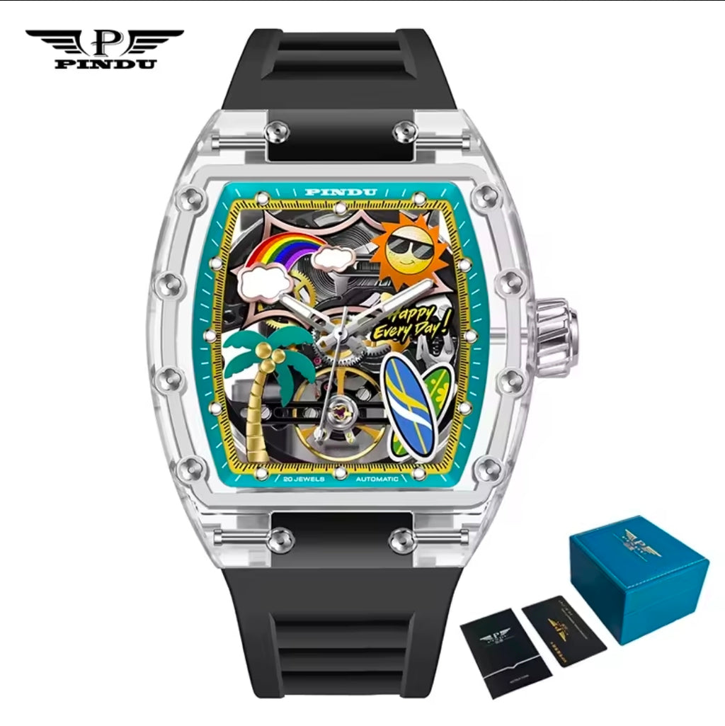 Novo Relógio PINDU com Design de Mostrador Único, Relógio Mecânico Masculino, Relógio de Moda para Praia de Verão, Brilhante, à Prova d'Água, com Pulseira de Resina e Silicone