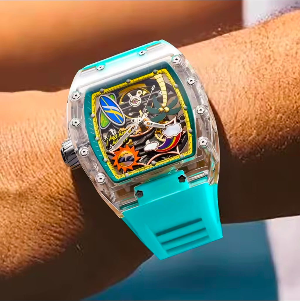Novo Relógio PINDU com Design de Mostrador Único, Relógio Mecânico Masculino, Relógio de Moda para Praia de Verão, Brilhante, à Prova d'Água, com Pulseira de Resina e Silicone