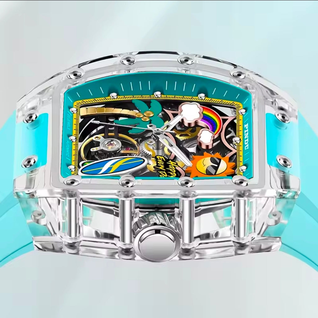 Novo Relógio PINDU com Design de Mostrador Único, Relógio Mecânico Masculino, Relógio de Moda para Praia de Verão, Brilhante, à Prova d'Água, com Pulseira de Resina e Silicone