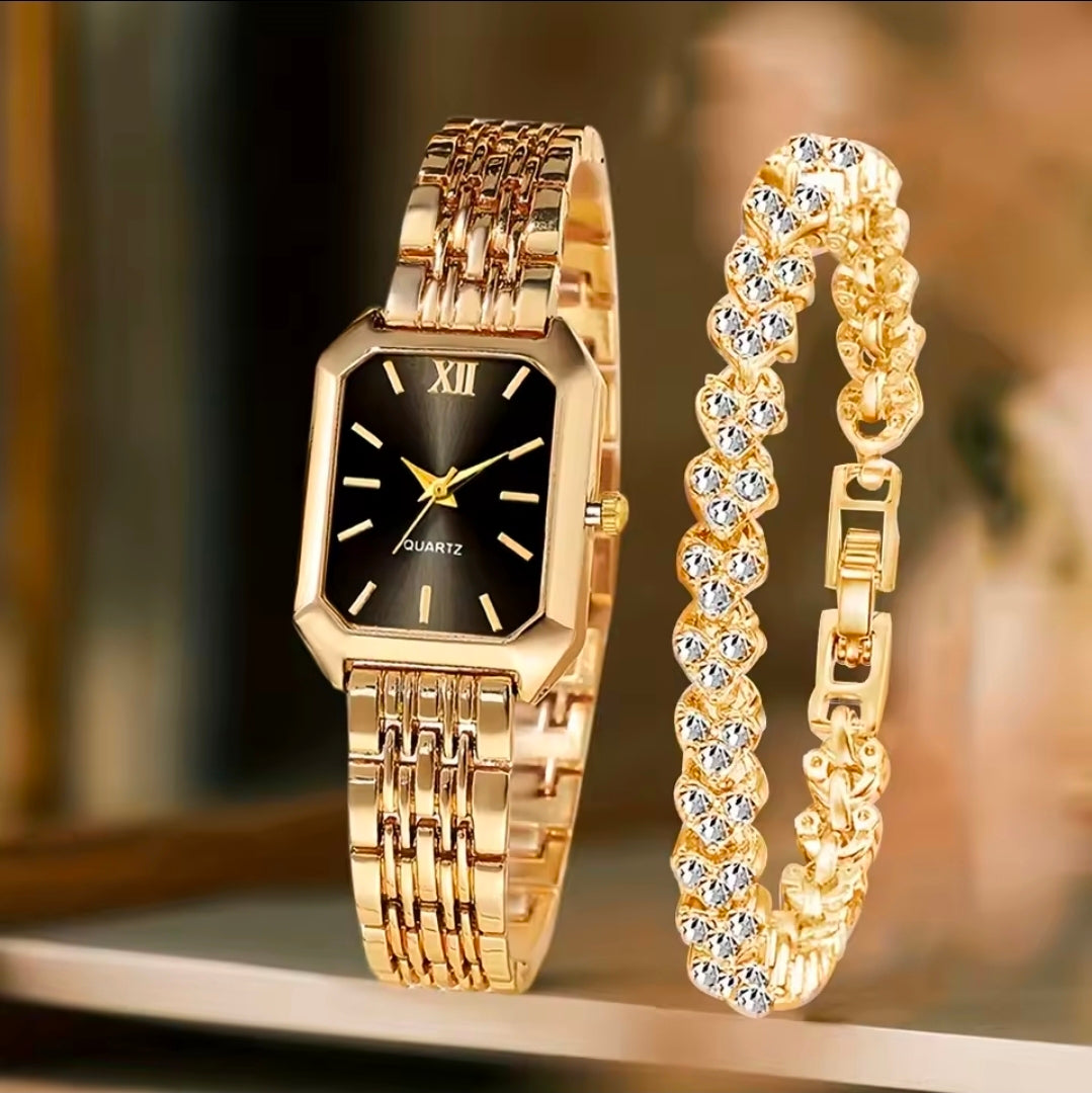 Conjunto de 2 Peças: Relógio Feminino Retangular de Quartzo com Mostrador Roma e Pulseira de Strass – Presente para Mulheres e Meninas