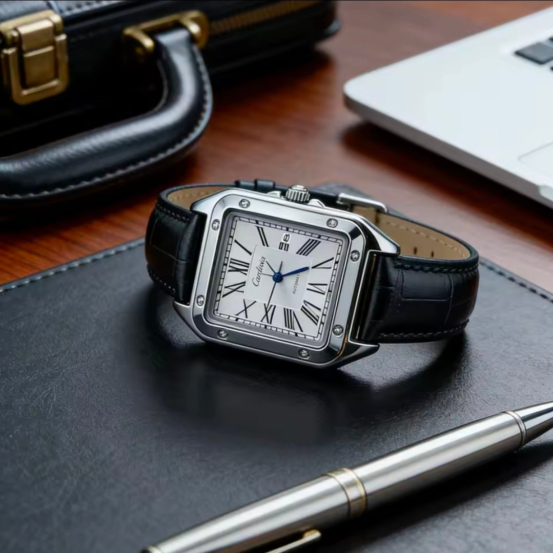 Relógio de Quartzo Masculino com Números Romanos, Caixa de Aço Inoxidável Luxuosa, Pulseira de Couro Preta, Estilo Automático, Relógio de Pulso à Prova d'Água, Relógio de Negócios, Exibição de Data, Relógio Elegante, Adequado para Uso Casual e Formal Diár