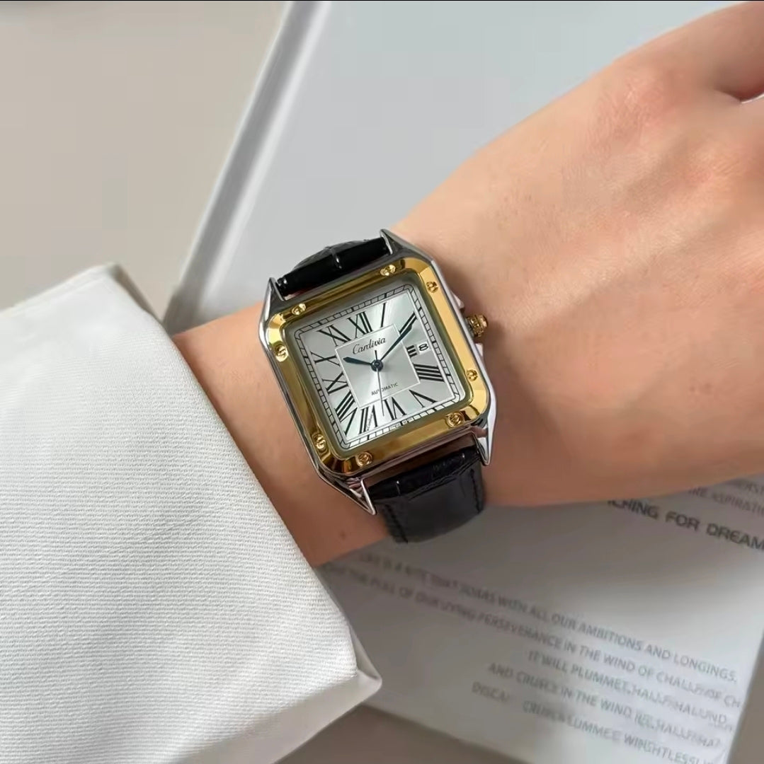 Relógio de Quartzo Masculino com Números Romanos, Caixa de Aço Inoxidável Luxuosa, Pulseira de Couro Preta, Estilo Automático, Relógio de Pulso à Prova d'Água, Relógio de Negócios, Exibição de Data, Relógio Elegante, Adequado para Uso Casual e Formal Diár