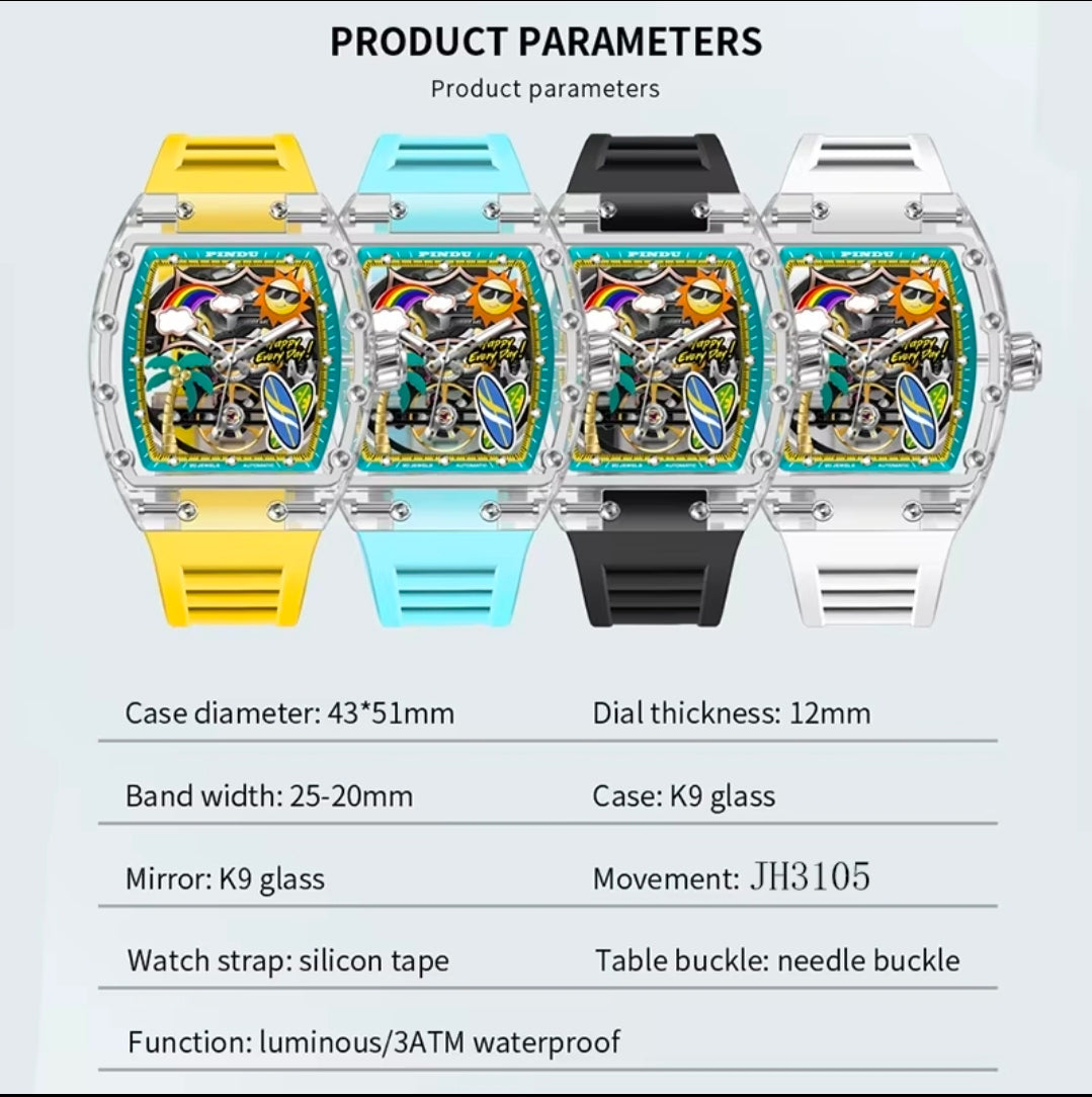 Novo Relógio PINDU com Design de Mostrador Único, Relógio Mecânico Masculino, Relógio de Moda para Praia de Verão, Brilhante, à Prova d'Água, com Pulseira de Resina e Silicone
