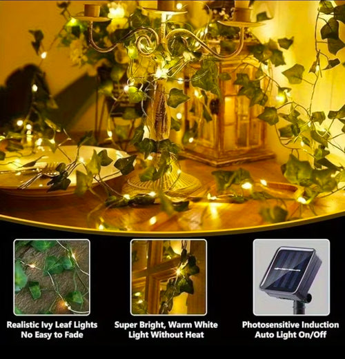 50/100LED Luzes de fada verdes com folhas de hera artificiais movidas a energia solar com 8 modos para decoração de Natal de casamento de jardim