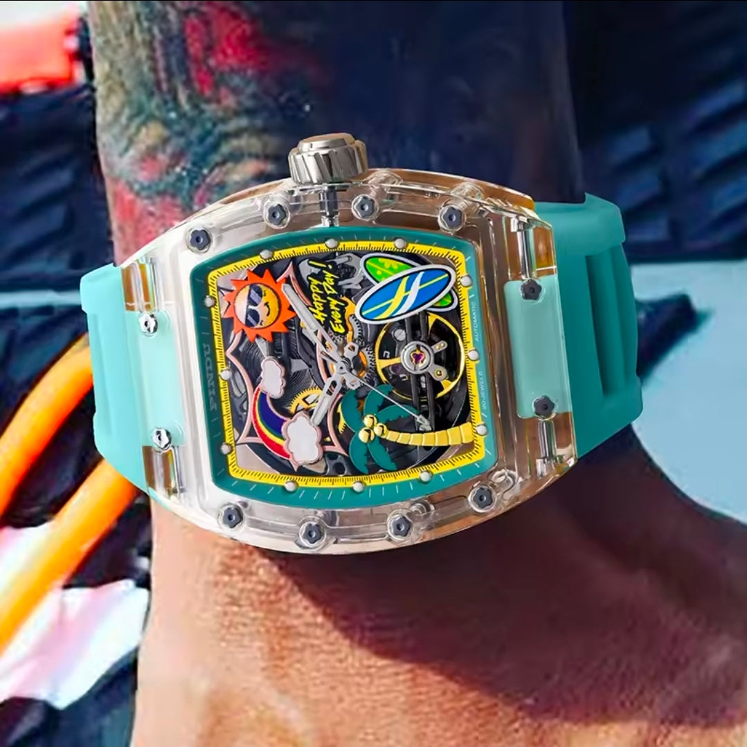 Novo Relógio PINDU com Design de Mostrador Único, Relógio Mecânico Masculino, Relógio de Moda para Praia de Verão, Brilhante, à Prova d'Água, com Pulseira de Resina e Silicone